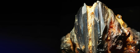 Allanpringite is a rare precious natural geological stone eremite on a black background in low key. Fashionable jewelry elegant decoration. AI generated. Header banner mockup with space.の素材