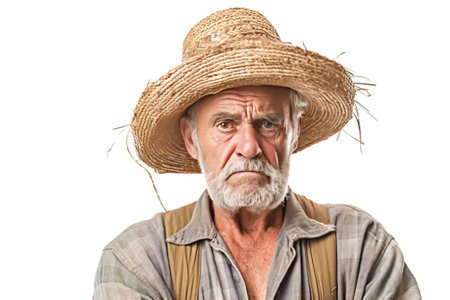 Excited irritated angry male farmer in work clothes, white background isolate. Header banner mockup with copy space.の素材