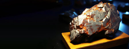 Akaganeite is a rare precious natural geological stone eremite on a black background in low key. Fashionable jewelry elegant decoration. AI generated. Header banner mockup with space.の素材