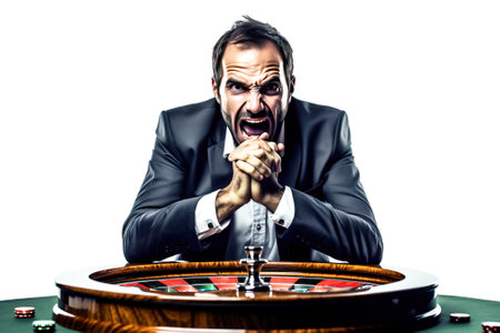 Close-up of a successful male player in a casino at the gaming table, emotional joy cry, casino background. Header banner mockup with copy space.の素材