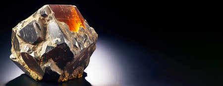 Andradite is a rare precious natural geological stone eremite on a black background in low key. Fashionable jewelry elegant decoration. AI generated. Header banner mockup with space.の素材