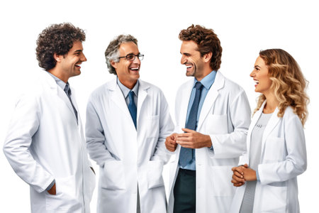 Group of people doctors professionals in white coats with stethoscopes, white background isolate. Header banner mockup with copy space.の素材