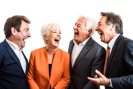 Close-up of a group of political people in a suit, laughing cheerfully while communicating, gray background isolate. Header banner mockup with copy space.の素材