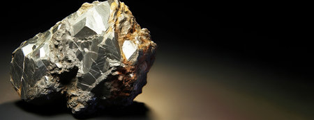 Allargentum is a rare precious natural geological stone eremite on a black background in low key. Fashionable jewelry elegant decoration. AI generated. Header banner mockup with space.の素材
