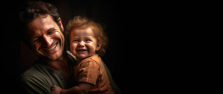 A loving cheerful father is playing and teaching his child. Family happiness, traditional values. Header banner mockup with copy space.の素材