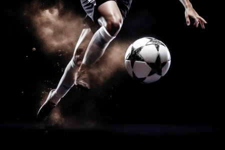 foot of football player hits ball in game, background is football stadium stadium. Header banner mockup with copy space.の素材