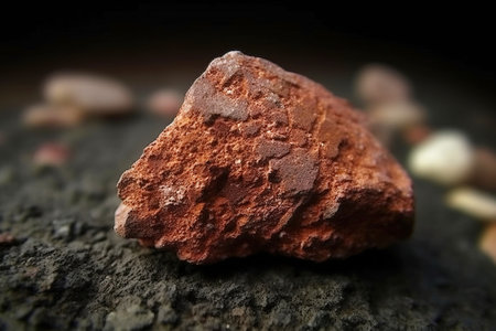Bauxite is a rare precious natural geological stone eremite on a black background in low key. Fashionable jewelry elegant decoration. AI generated. Header banner mockup with space.の素材
