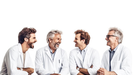 Group of people doctors professionals in white coats with stethoscopes, white background isolate. Header banner mockup with copy space.の素材