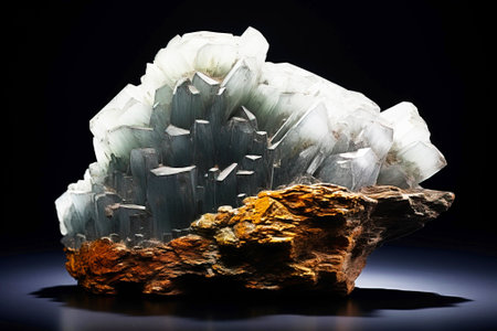 Artinite is a rare precious natural geological stone eremite on a black background in low key. Fashionable jewelry elegant decoration. AI generated. Header banner mockup with space.の素材