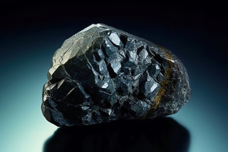 Ferberite is a rare precious natural geological stone eremite on a black background in low key. Fashionable jewelry elegant decoration. AI generated. Header banner mockup with space.の素材