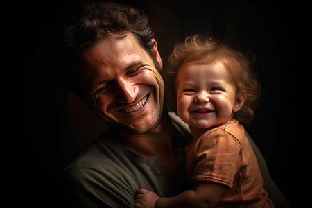 A loving cheerful father is playing and teaching his child. Family happiness, traditional values. Header banner mockup with copy space.の素材