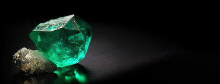 Emerald is a rare precious natural geological stone eremite on a black background in low key. Fashionable jewelry elegant decoration. AI generated. Header banner mockup with space.の素材