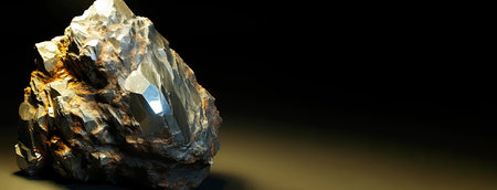 Allargentum is a rare precious natural geological stone eremite on a black background in low key. Fashionable jewelry elegant decoration. AI generated. Header banner mockup with space.の素材