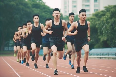 Group Asian athletes on running track at stadium at start of race competition. Healthy lifestyle of international tournaments.の素材
