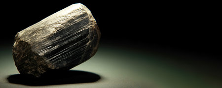 Hornblende is rare precious natural geological stone eremite on black background in low key. Fashionable jewelry elegant decoration. AI generated. Header banner mockup with space.の素材