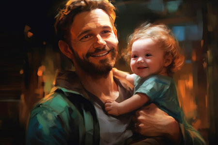 A loving cheerful father is playing and teaching his child. Family happiness, traditional values. Header banner mockup with copy space.の素材