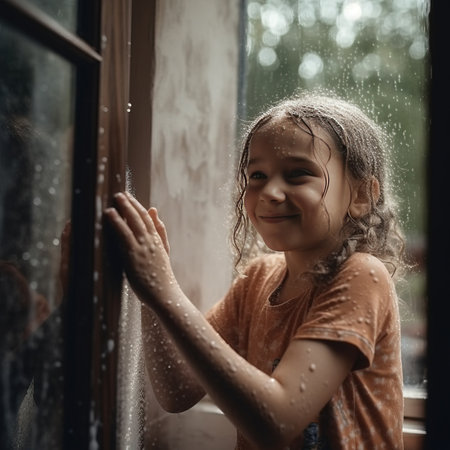 A little cute girl is lonely and sad in the rain by the window with drops, thoughtful and depressed. The autumnal beauty of sadness, close-up.の素材