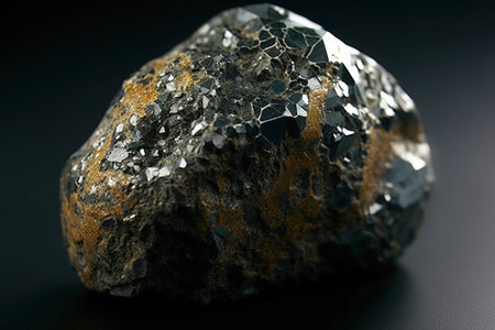 Jacobsite is rare precious natural geological stone eremite on black background in low key. Fashionable jewelry elegant decoration. AI generated. Header banner mockup with space.の素材