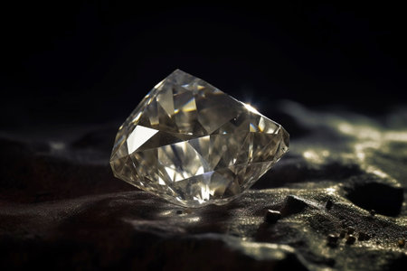 Diamond is a rare precious natural geological stone eremite on a black background in low key. Fashionable jewelry elegant decoration. AI generated. Header banner mockup with space.の素材
