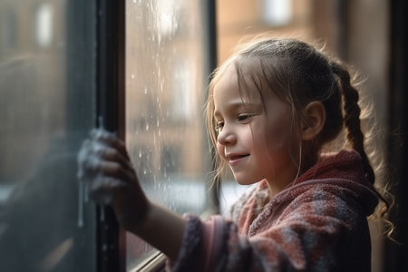 A little cute girl is lonely and sad in the rain by the window with drops, thoughtful and depressed. The autumnal beauty of sadness, close-up.の素材