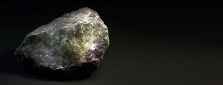 Bromellite is a rare precious natural geological stone eremite on a black background in low key. Fashionable jewelry elegant decoration. AI generated. Header banner mockup with space.の素材