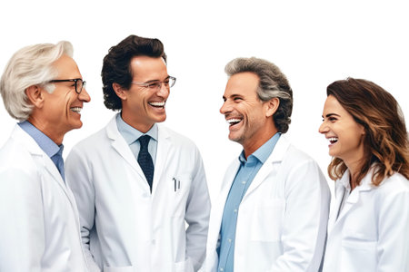 Group of people doctors professionals in white coats with stethoscopes, white background isolate. Header banner mockup with copy space.の素材