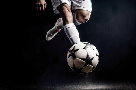 foot of football player hits ball in game, background is football stadium stadium. Header banner mockup with copy space.の素材