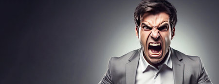 Close-up of a male politician in a suit, emotionally annoyed angry, gray background isolate. Header banner mockup with copy space.の素材