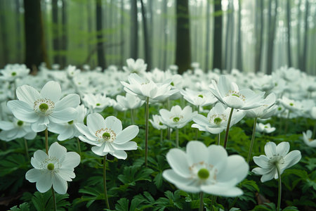 Delicate white anemones blanket the forest floor thriving in a serene woodland setting. The morning mist adds a magical touch to this peaceful early spring landscape.の素材