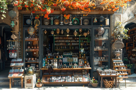 Asian souvenir stall, tourist traditional cultural goods. Handmade decoration. Header banner mockup with copy space.の素材