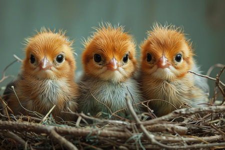 Three fluffy chicks sit together in their nest curiously peering out with bright eyes. The warm colors of their feathers contrast beautifully with the twigs surrounding them.の素材