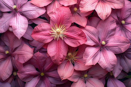 A stunning display of clematis flowers in various shades of pink fills the field showcasing their lush petals and bright yellow centers. The blossoms create a vibrant and enchanting atmosphere.の素材