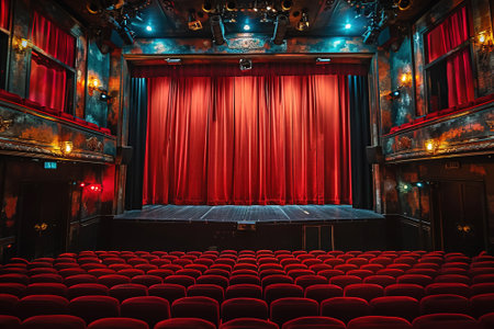 The theater is prepared for a live performance featuring rich red curtains and numerous seats in anticipation of the audience. Dramatic lighting enhances the atmosphere.の素材