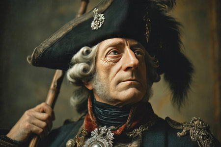 A regal individual dressed in elaborate historical attire gazes thoughtfully to the side. The person holds a staff, adorned with ornate details, exuding confidence and authority.の素材