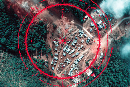 This satellite image captures military activities in a forested area showing the movement of soldiers and military equipment within a designated zone. Bright graphics highlight key operatives.の素材