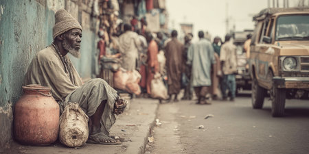 In bustling African city poor man sits on pavement with humble belongings contrasting sharply with wealthy passersby who walk by without noticing his plight.の素材