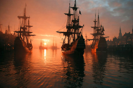 In the year 1667 multiple ships rest at Medway port under a stunning sunset. The vessels are prepared for a naval raid highlighting the tense atmosphere of this historic maritime conflict.の素材