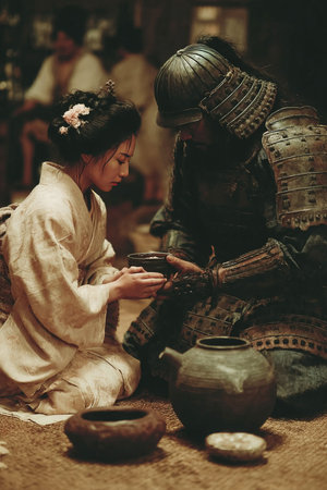 In a serene Japanese environment a geisha in kimono gently pours tea for a samurai clad in armor.の素材