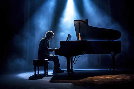 A talented pianist expresses deep emotion while playing the piano in the spotlight on stage. The atmosphere is enhanced by soft lighting and smoke creating a mesmerizing performance.の素材