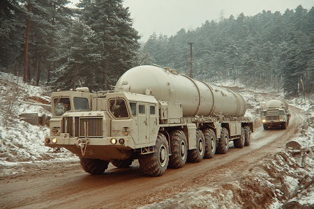A military tractor is moving along a muddy road in a snowy forest carrying a nuclear missile. Soldiers accompany the vehicle illustrating the serious nature of this operation in a cold environment.の素材