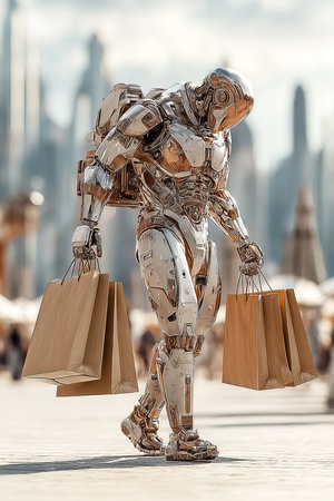 A chrome plated robot exoskeleton is seen transporting large paper bags filled with groceries in a vibrant urban setting.の素材
