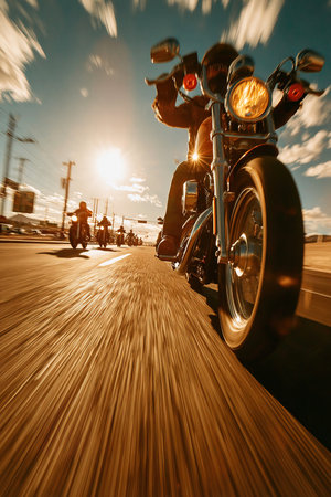 A large group of bikers rides together on a highway feeling the heat of a scorching summer day. Their motorcycles roar as they cruise through the open road embodying freedom and camaraderie.の素材