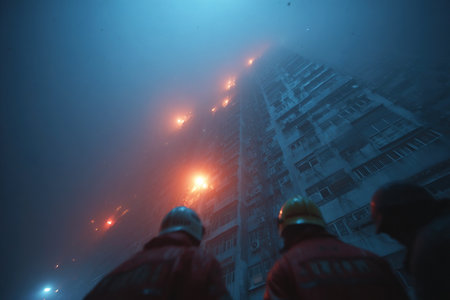 Fire brigade crew fights flames engulfing a multi story structure at night. Rescuers prepare equipment while assessing damage showcasing their bravery and commitment to saving lives.の素材