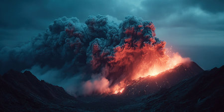 A powerful volcanic eruption displays a fiery burst of lava and thick clouds of ash against a dark sky.の素材