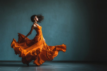 A dancer showcases her talent in a graceful ballet jump while wearing a striking orange dress.の素材