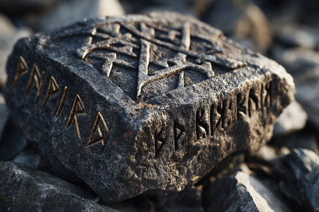 Intricate runes are prominently carved into a rugged stone showcasing ancient Scandinavian writing.の素材