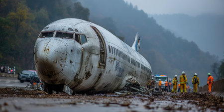 A passenger airliner has crashed onto the ground close to a highway with rescuers actively working around the wreckage. Emergency services are responding to the disaster scene.の素材