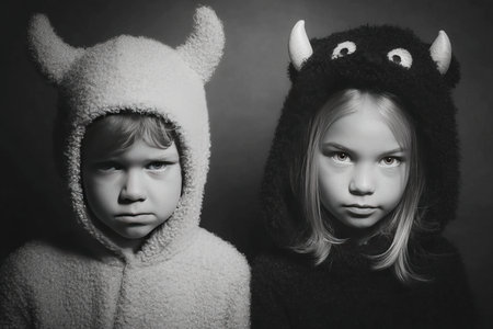 Two children with serious expressions wear matching furry monster costumes in black and white. The atmosphere is dark enhancing their mischievous appearance and unique attire.の素材