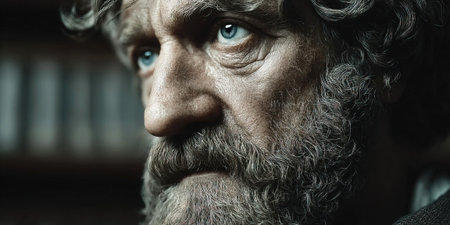 An elderly philosopher with a thoughtful expression reflects on concepts of ethics and logic. The backdrop features ancient books hinting at his profound understanding of knowledge.の素材