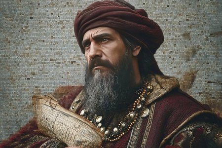 Depicted in a traditional attire Marco Polo observes his surroundings while clutching a detailed map.の素材